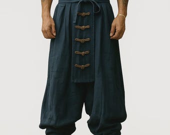 Pantalones anchos de lino y algodón para hombre, estilo harén bohemio hippie, holgados e informales, con tiro caído, cómodos para estar en casa.