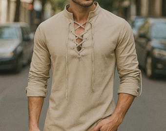 Camisa de lino de manga larga para hombre, estilo bohemio, informal, para festivales, con cordones, estilo medieval renacentista, estilo vikingo holgado, ideal para playa y verano.