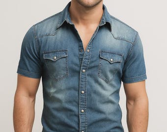 Camisa vaquera vintage para hombre, camisa vaquera informal de manga corta con botones, camisa estilo western para hombre, camisa vaquera ajustada de verano, camisa clásica para el trabajo