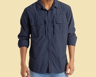 Camisa cargo de verano para hombre, camisa ligera de manga larga para viajes al aire libre, camisa informal abotonada, estilo retro para senderismo, ideal para la oficina o para usar a diario.
