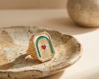 Gold Signet Ring Heart Symbol, Vintage Heart Ring, Tarot Inspired Symbolic Jewelry Gift for Her
