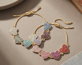Colorful Heart Charm Bracelet Gold, Trendy CZ Bracelet, Statement Jewelry for Women, Adjustable Fashion Bracelet Gift
