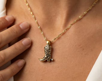 Western Boot Necklace Gold Cowboy Boot Pendant, Vintage Style Necklace, Statement Cowgirl Jewelry, Rodeo Country Necklace