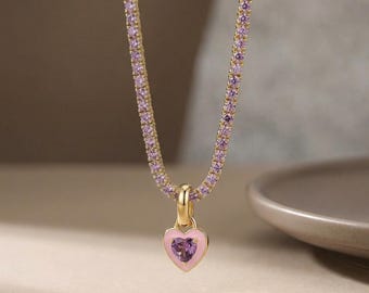Cubic Zirconia Tennis Necklace, Heart Pendant Necklace, Gold Chain Necklace, Minimal Jewelry, Dainty Necklace, Everyday Jewelry