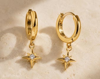 Star Earrings, Gold Celestial Hoop Earrings, Zircon Star Earrings, Symbolic Jewelry Gift for Her