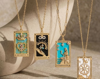 Tarot Card Necklace Gold, Symbolic Pendant Necklace, Artistic Vintage Jewelry, Celestial Star Moon Necklace, Unique Gift