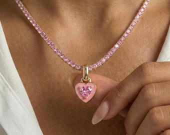 Tennis Necklace with Heart Pendant, Cubic Zirconia Necklace, Gold Chain Necklace, Minimal Jewelry, Everyday Necklace, Elegant Jewelry