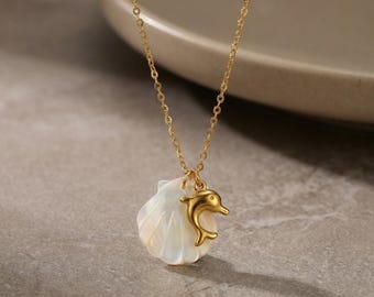 Shell Dolphin Necklace, Gold Beach Necklace, Stainless Steel Necklace, Minimal Layering Necklace