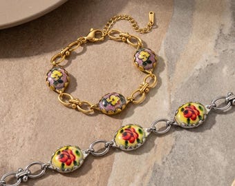 Vintage Floral Charm Bracelet Gold, Oil Painting Style Bracelet, Artistic Statement Bracelet, French Vintage Jewelry for Women