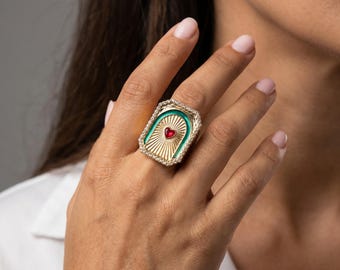 Heart Signet Ring ,Gold Vintage Ring, Statement Jewelry for Men Women, Red Stone Ring, Chunky Ring Gift