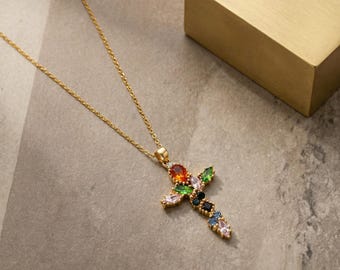 Colorful Cross Charm Necklace, Gold Icon Pendant Necklace, Editorial Symbol Jewelry, Multicolor Gem Cross Chain