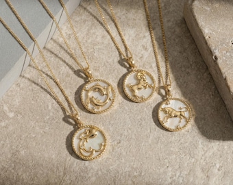Zodiac Coin Necklace, Gold Star Sign Astrology Jewelry, Gift for Her, Everyday Zodiac Necklace