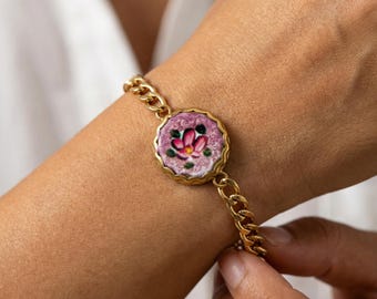 Vintage Floral Bracelet Gold Chain, Oil Painting Style Flower Coin Bracelet, Artistic Jewelry Gift