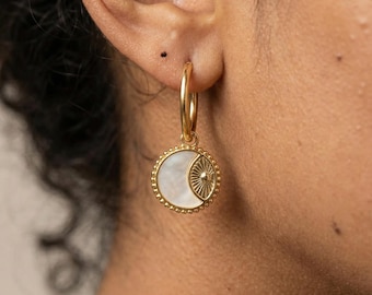 Sun Moon Motif Earrings, Gold Mother of Pearl Hoop Earrings, Vintage Symbol Drop Earrings for Women