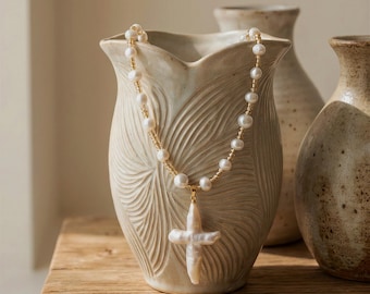 Vintage Pearl Cross Necklace, Baroque Freshwater Pearl Choker ,Boho Beaded Necklace ,Aesthetic Gift for Her