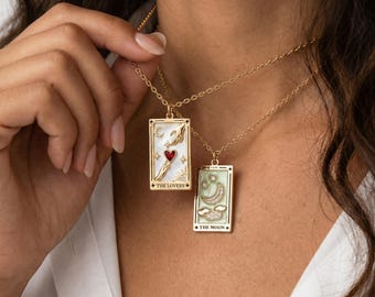 Aesthetic Tarot Necklace, Gold Celestial Pendant Necklace, Vintage Art Jewelry, Niche Statement Necklace for Women Men