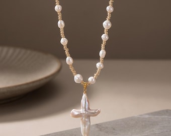 Pearl Cross Necklace Baroque Pearl Look, Vintage Gold Cross Pendant, Symbolic Jewelry Gift for Her