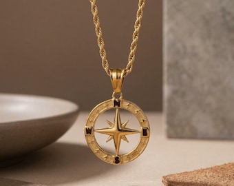 Compass Necklace, Gold Stainless Steel Pendant Necklace ,Hip Hop Compass Pendant ,Rope Chain ,Street Style Jewelry for Men