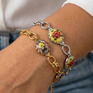 Art Floral Bracelet Gold, Vintage Aesthetic Bracelet, Retro Charm Bracelet, Unique Statement Jewelry for Women