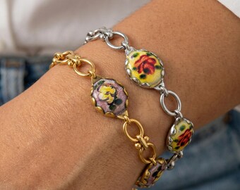 Art Floral Bracelet Gold, Vintage Aesthetic Bracelet, Retro Charm Bracelet, Unique Statement Jewelry for Women