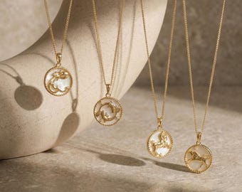 Zodiac Coin Charm Necklace, Gold Shell Pendant Necklace, Star Sign Jewelry, Astrology Charm for Women