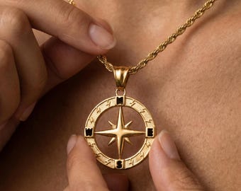 Hip Hop Compass Pendant Necklace, Stainless Steel Gold Chain Necklace, Street Style Star Necklace ,Urban Jewelry for Men