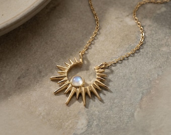 Moon Necklace, Gold Sunburst Pendant Necklace, Celestial Jewelry ,Minimalist Necklace, Dainty Necklace ,Gift for Women