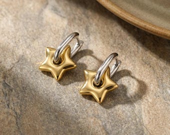 Star Earrings Gold Silver Two Tone, Celestial Star Jewelry, Mixed Metal Earrings Gift for Her