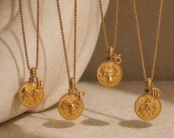 Zodiac Coin Necklace, Gold Astrology Necklace, Star Sign Pendant Necklace, Celestial Jewelry Gift for Her