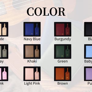 May include: A collection of travel accessories in various colors, including nude, navy blue, burgundy, and black. Each set includes a passport holder, luggage tag, and a bottle-shaped item, all presented in a black box. The word "COLOR" is displayed at the top.