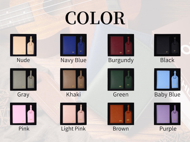 May include: A collection of travel accessories in various colors, including nude, navy blue, burgundy, and black. Each set includes a passport holder, luggage tag, and a bottle-shaped item, all presented in a black box. The word "COLOR" is displayed at the top.