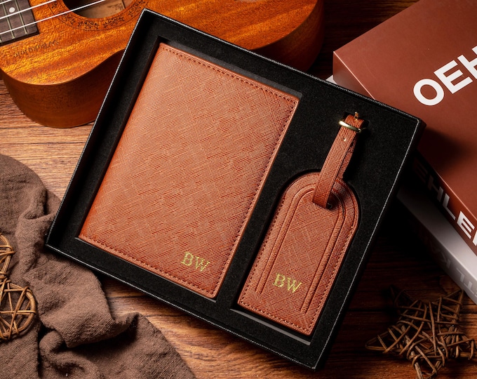 Personalized Passport Holder and Luggage Tag Set, Custom Travel Accessories