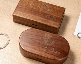 Personalisierte Holzschmuckschatulle mit Name und Geburtsblume gravierte Andenken, Walnussbox