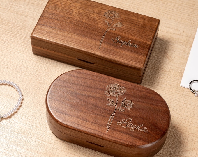 Personalized Wooden Jewelry Box with Name and Birth Flower Engraved Keepsake, Walnut box