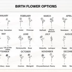 K&ouml;nnte beinhalten: Eine Tabelle mit dem Titel "GEBURTSBLUMEN-OPTIONEN" zeigt Strichzeichnungen von Blumen, die jeweils einen Monat repr&auml;sentieren. Januar zeigt Schneegl&ouml;ckchen und Nelken, w&auml;hrend Februar Veilchen und Primeln zeigt. Die Tabelle setzt sich bis Dezember mit Stechpalme und Narzisse fort.