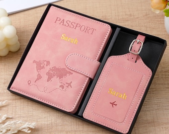 Personalized Passport Holder and Luggage Tag Set, Custom Travel Gift for Her