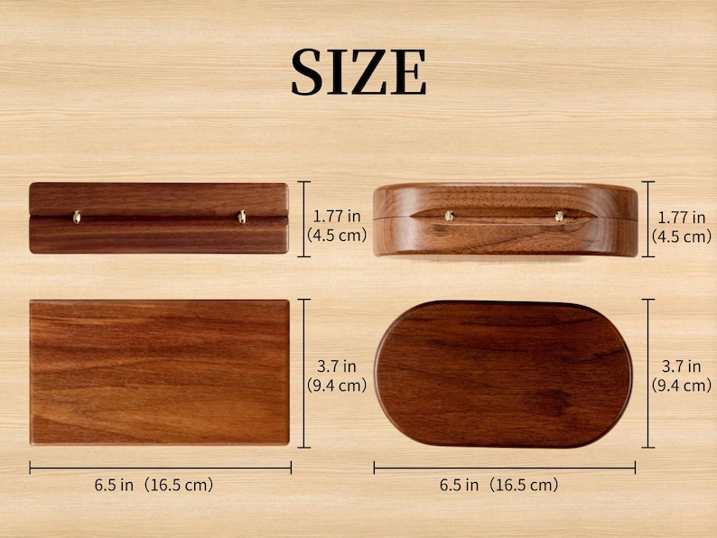 K&ouml;nnte beinhalten: Das Bild zeigt vier Holzboxen in verschiedenen Formen, darunter rechteckige und ovale Designs. Die Abmessungen sind in Zoll und Zentimetern angegeben: 6,5 Zoll (16,5 cm) lang, 3,7 Zoll (9,4 cm) breit und 1,77 Zoll (4,5 cm) hoch.
