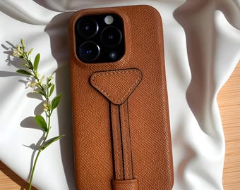 Leather iPhone Case with Triangular Patch & Double Wrist Strap, Shockproof Cover