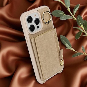 Crossbody Leather Wallet Case with Zipper, Card Slots & Ring Stand for iPhone