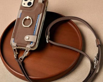 Stylish Crossbody Leather iPhone Case: Plated Edges, Card Slot, Ring Stand