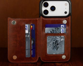 Brieftasche aus Leder für iPhone: Kartenfächer, Magnetknopfverschluss, Klappständer