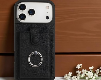 Funda de cuero tipo billetera para iPhone: soporte para anillo, ranuras para tarjetas, protección antigolpes