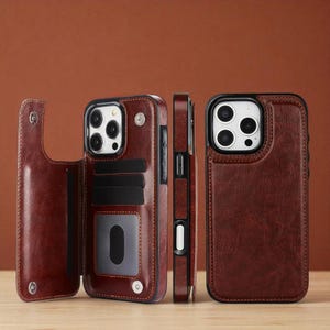 May include: Brown leather phone case with a black frame. The case has a magnetic flap closure and a cardholder with slots. The phone case is shown from multiple angles, including the front, side, and back.