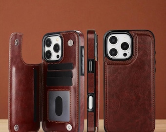 Brieftasche aus Leder für iPhone: Kartenfächer, Magnetknopfverschluss, Klappständer