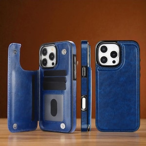 May include: Blue leather phone case with card slots and a clear ID window. The case has a magnetic closure and a protective design. The phone case is shown from multiple angles, including the front, back, and side.
