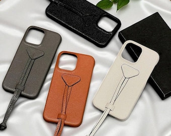 Leather iPhone Case with Triangular Patch & Double Wrist Strap, Shockproof Cover