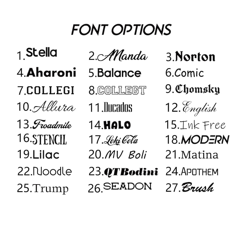 Op de afbeelding: Een zwarte tekstgrafiek met de titel FONT OPTIONS met zevenentwintig genummerde stijlen, waaronder Stella, Amanda, Norton, Aharoni, Balance, Comic, COLLEGI, COLLEGT, Chomsky, Allura, Ducados, English, Froadmile, HALO, Ink Free, STENCIL, Loki Cola, MODERN, Lilac, MV Boli, Matina, Noodle, QT Bodini, APOTHEM, Trump, SEADON en Brush.