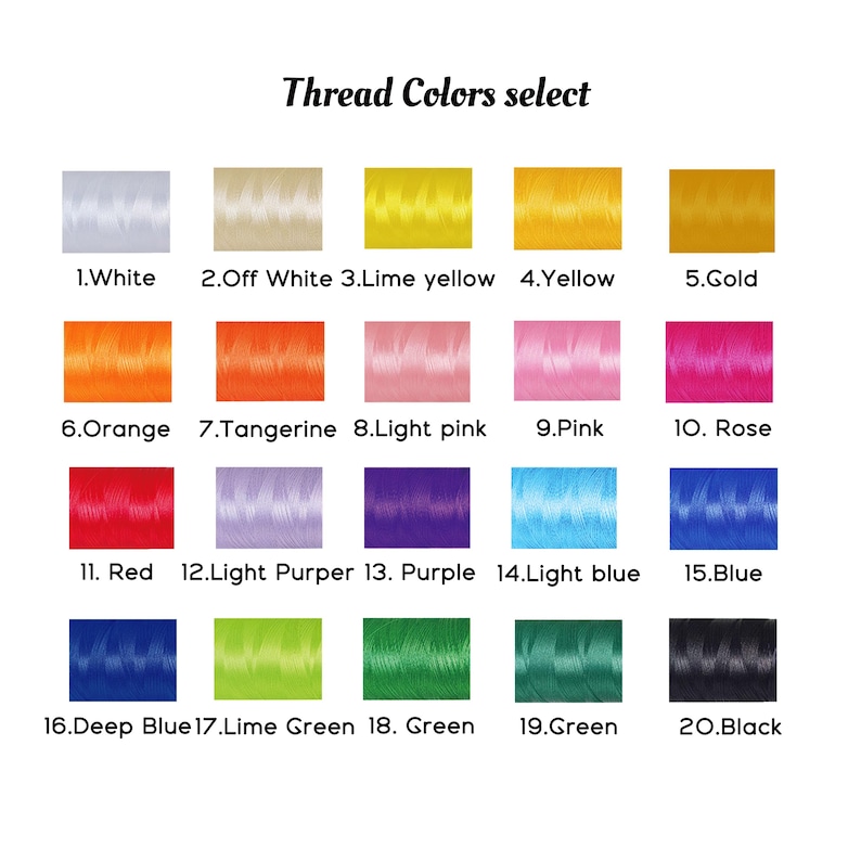 Op de afbeelding: Een kleurenkaart met de titel Thread Colors select met twintig genummerde stalen borduurgaren. De kleuren zijn wit, gebroken wit, limoengeel, geel, goud, oranje, mandarijn, lichtroze, roze, roze, rood, lichtpaars, paars, lichtblauw, blauw, donkerblauw, limoengroen, groen en zwart.