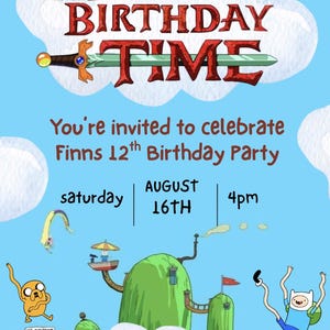 May include: A colorful invitation for a birthday party with the text "HAPPY BIRTHDAY TIME". The invitation includes the date, time, and location of the party. The design features cartoon characters and a blue sky background.