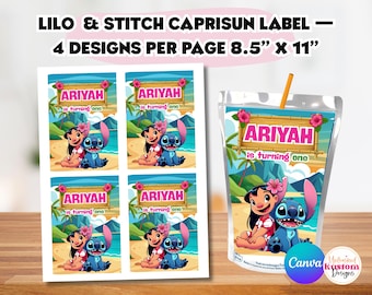 Plantilla Caprisun para bolsa de jugo inspirada en Lilo y Stitch, regalo editable en Canva para fiesta de cumpleaños infantil (descarga digital instantánea)